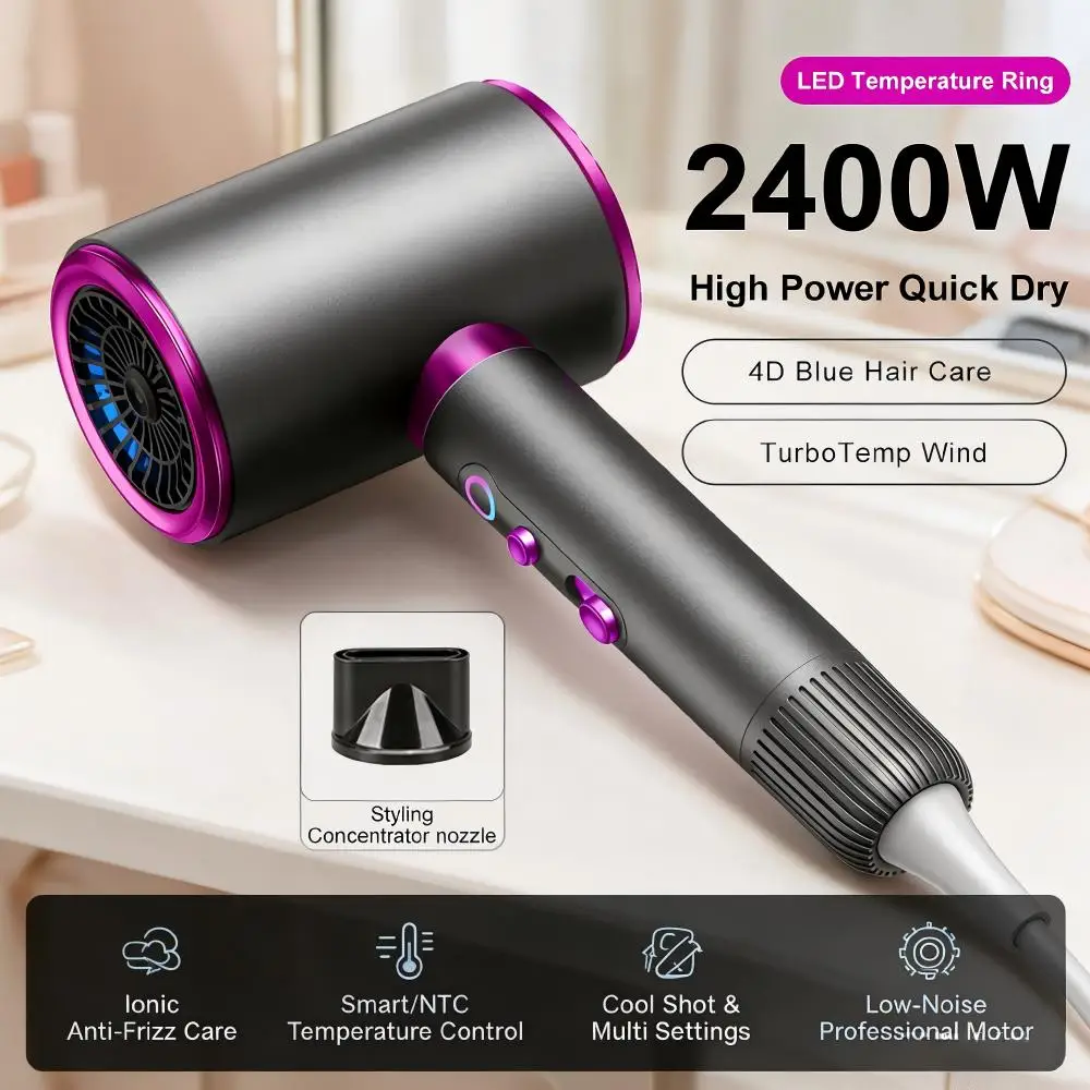 2400W High Speed Ionic Hair Dryer LED Ring Blue Light Care NTC Smart Temp Control with Concentrator Nozzle Low Noise Blow Dryer - AliExpress